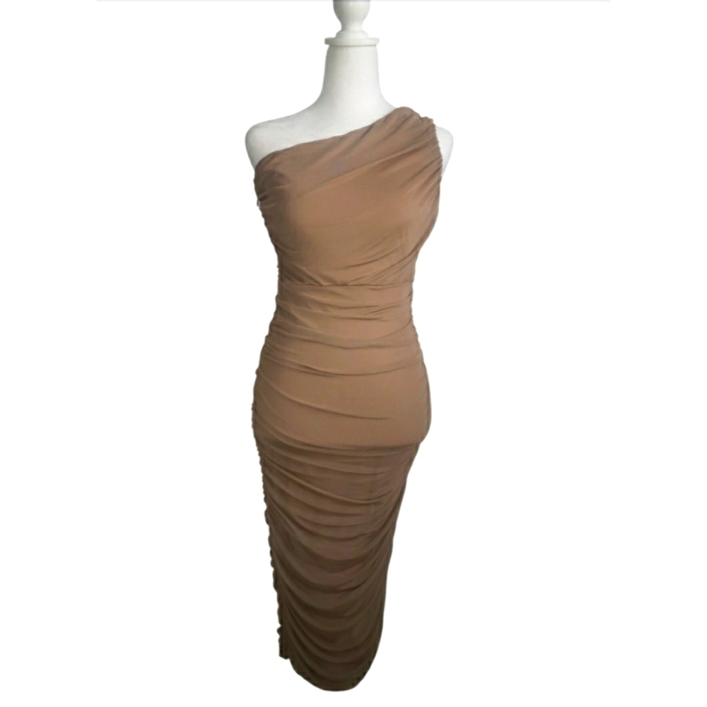 Rooscier Women's Asymmetrical One Shoulder Wrap Split Ruched Sleeveless Sexy Mid